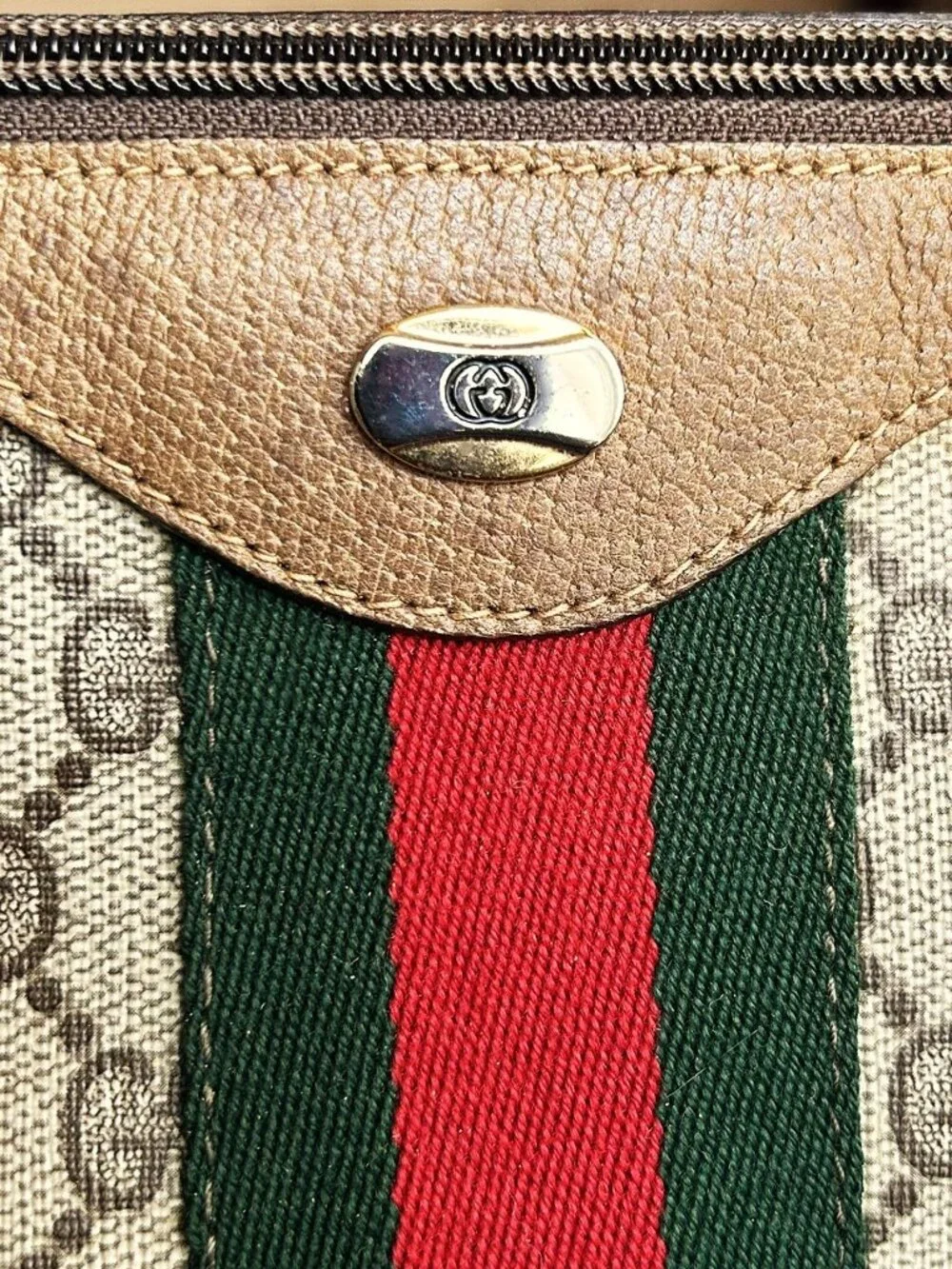 GUCCI GG Supreme Monogram Sherry Web Boston Bag, Tan